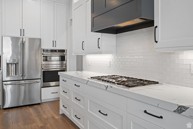2616 S 3210 E, St George, UT 84790 - kitchen with stainless steel appliances, white cabinets, light stone counters, and dark wood-type flooring