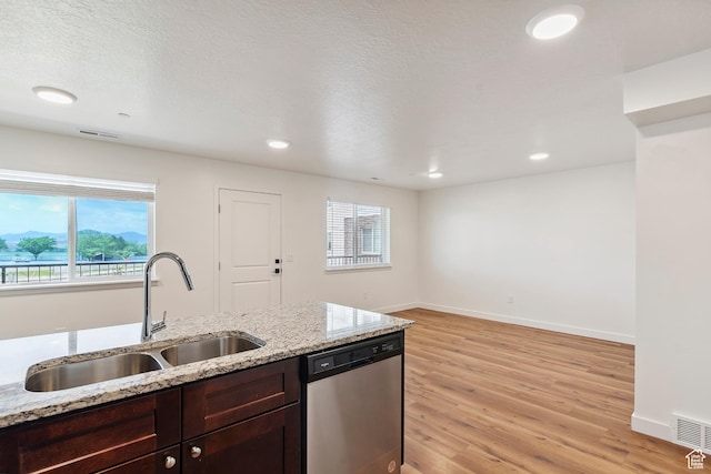 456 W Main N, Santaquin, UT 84655 - kitchen with dishwasher, light wood-style flooring, dark brown cabinets, light stone countertops, and recessed lighting