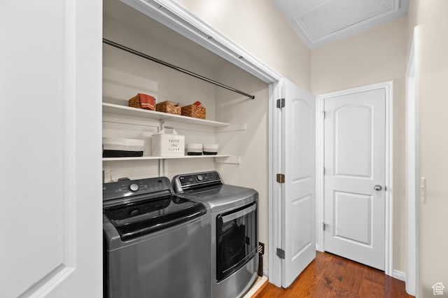 6391 W Passenger Ct S, West Jordan, UT 84081 - washroom featuring independent washer and dryer, dark wood-style floors, and attic access