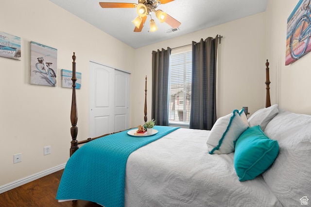6391 W Passenger Ct S, West Jordan, UT 84081 - bedroom with wood finished floors, a closet, and a ceiling fan