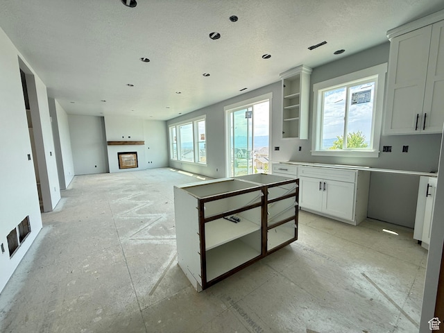 565 S 1140 E Unit 1203, Smithfield, UT 84335 - kitchen featuring a fireplace, white cabinets, open shelves, and a textured ceiling