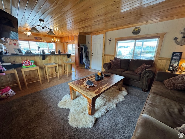 738 E Vanessa Ln Unit 386, Garden City, UT 84028 - living room featuring wooden walls, wooden ceiling, a wainscoted wall, and wood finished floors
