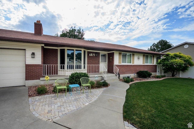 6871 S Alfalfa Cir, West Jordan, UT 84084 - single story home featuring brick siding, a front yard, a chimney, a porch, and an attached garage