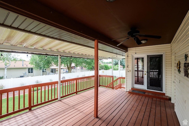 6871 S Alfalfa Cir, West Jordan, UT 84084 - wooden terrace with a ceiling fan and a fenced backyard