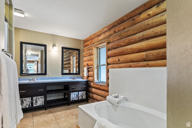986 E 2290 N, Monroe, UT 84754 - bathroom with rustic walls, double vanity, a bath, and tile patterned flooring