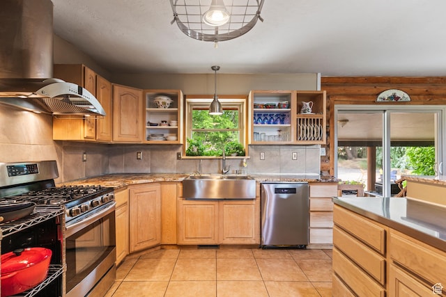 986 E 2290 N, Monroe, UT 84754 - kitchen featuring appliances with stainless steel finishes, island exhaust hood, open shelves, and plenty of natural light