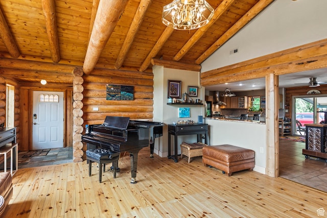 986 E 2290 N, Monroe, UT 84754 - sitting room with light wood finished floors, a chandelier, a wooden ceiling with exposed beams, log walls, and high vaulted ceiling