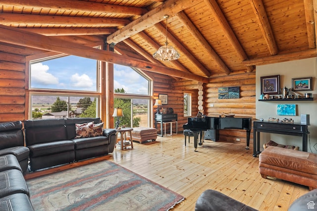 986 E 2290 N, Monroe, UT 84754 - living room featuring wood ceiling, log walls, hardwood / wood-style flooring, and plenty of natural light