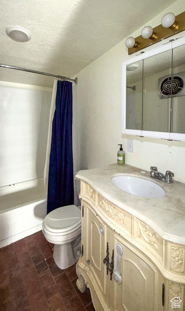 347 Hill St, Helper, UT 84526 - bathroom featuring vanity, shower / bathtub combination with curtain, and a textured ceiling