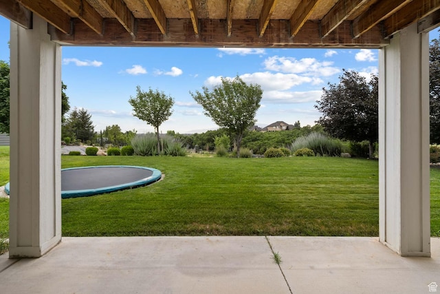 5843 W Wildflower Ln, Highland, UT 84003 - view of green lawn featuring a trampoline and a patio
