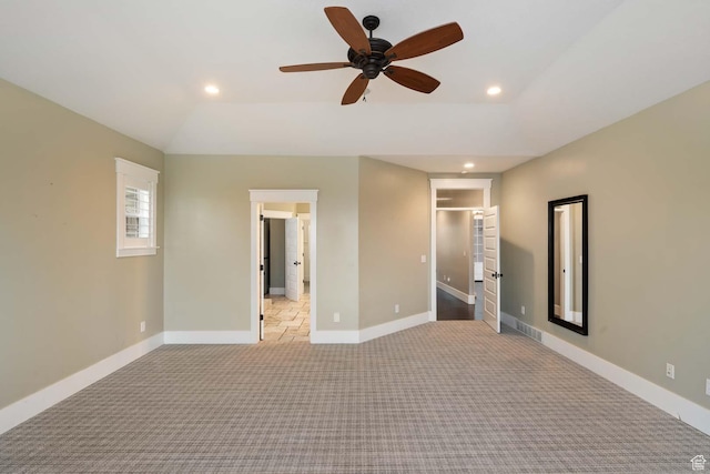 5843 W Wildflower Ln, Highland, UT 84003 - unfurnished bedroom featuring light colored carpet, recessed lighting, ceiling fan, and ensuite bathroom