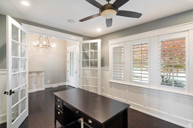 5843 W Wildflower Ln, Highland, UT 84003 - office area with french doors, dark wood finished floors, a wainscoted wall, a chandelier, and ceiling fan