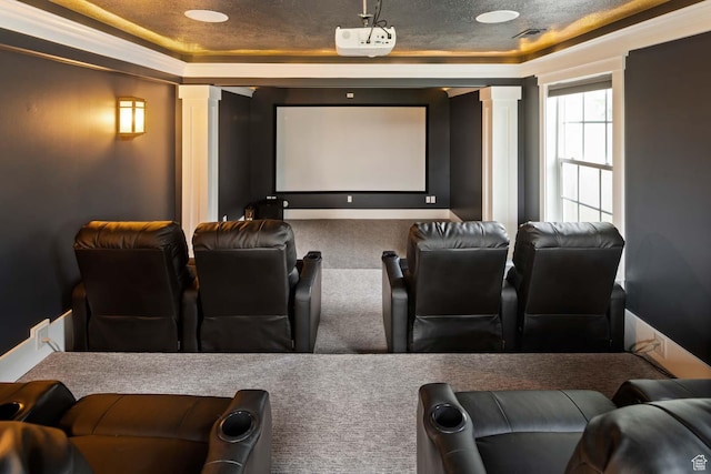 5843 W Wildflower Ln, Highland, UT 84003 - cinema room with decorative columns, carpet floors, and a raised ceiling