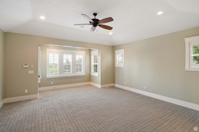 5843 W Wildflower Ln, Highland, UT 84003 - empty room featuring light colored carpet, a ceiling fan, recessed lighting, and lofted ceiling