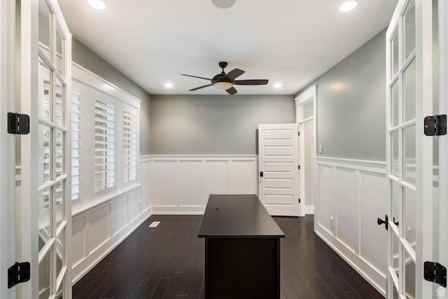 5843 W Wildflower Ln, Highland, UT 84003 - unfurnished office with a decorative wall, dark wood finished floors, ceiling fan, wainscoting, and french doors