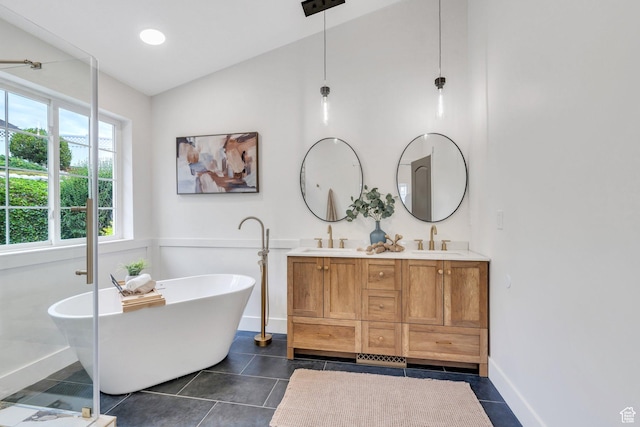 12060 S Lampton Dr W, Riverton, UT 84065 - bathroom with double vanity, a freestanding tub, wainscoting, and lofted ceiling