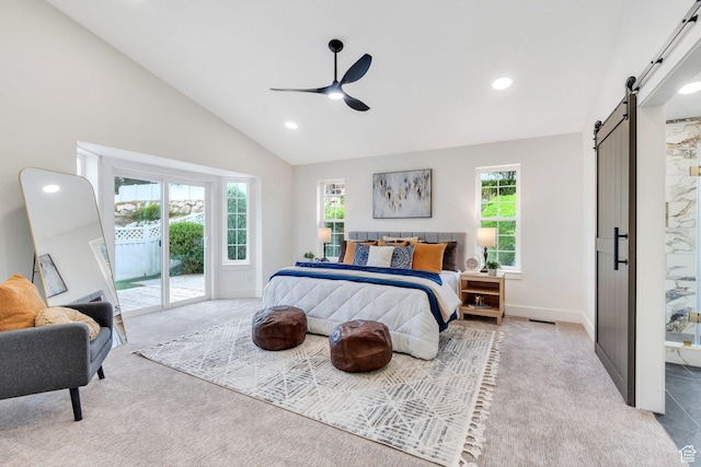 12060 S Lampton Dr W, Riverton, UT 84065 - bedroom featuring a barn door, access to outside, vaulted ceiling, carpet, and recessed lighting