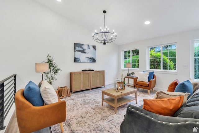 12060 S Lampton Dr W, Riverton, UT 84065 - living area featuring a chandelier, plenty of natural light, vaulted ceiling, recessed lighting, and light wood finished floors