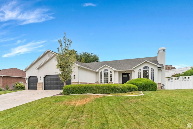 12060 S Lampton Dr W, Riverton, UT 84065 - single story home with concrete driveway, a garage, stucco siding, and a chimney