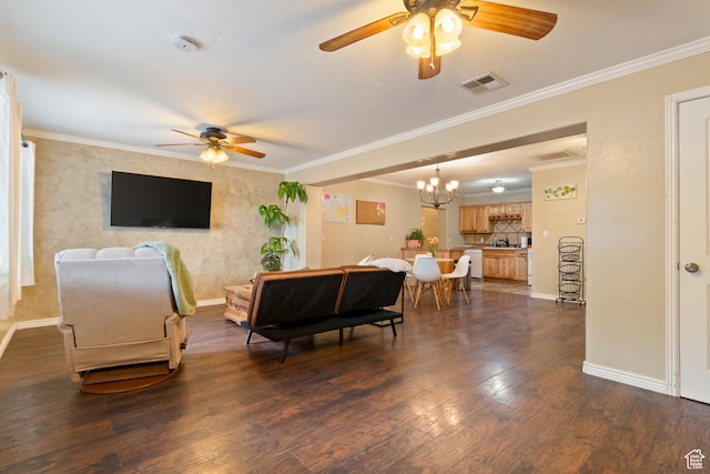 283 S 400 W, Hurricane, UT 84737 - living room with a ceiling fan, a chandelier, ornamental molding, and dark wood finished floors