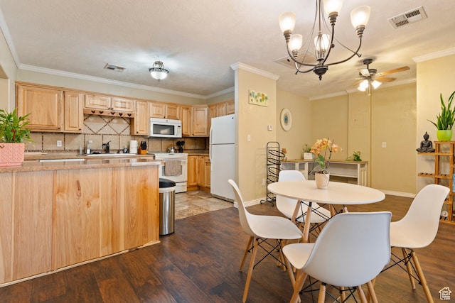 283 S 400 W, Hurricane, UT 84737 - kitchen featuring white appliances, light brown cabinets, ceiling fan, dark wood-style floors, and ornamental molding