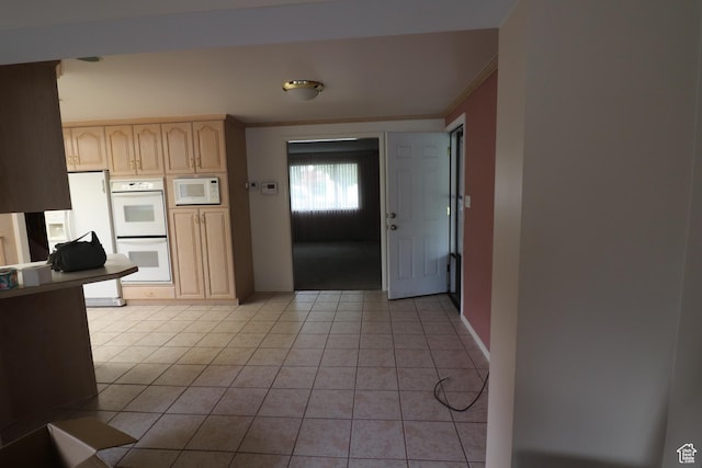 547 E 6295 S, Murray, UT 84107 - kitchen with white appliances, ornamental molding, light brown cabinetry, and light tile patterned floors