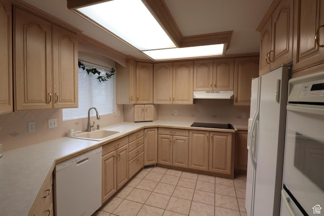 547 E 6295 S, Murray, UT 84107 - kitchen with white appliances, under cabinet range hood, light countertops, backsplash, and light tile patterned floors
