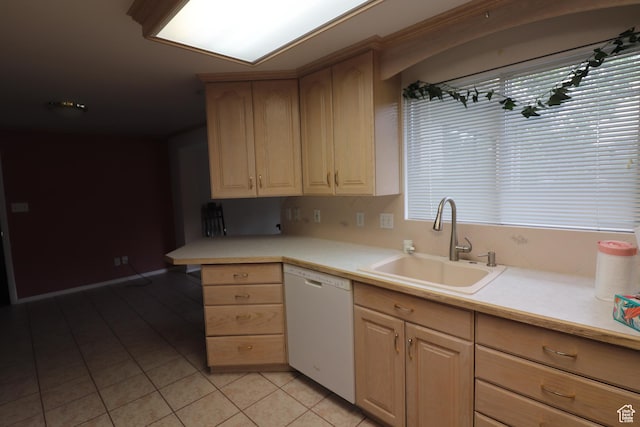 547 E 6295 S, Murray, UT 84107 - kitchen with white dishwasher, light brown cabinetry, light tile patterned floors, and light countertops