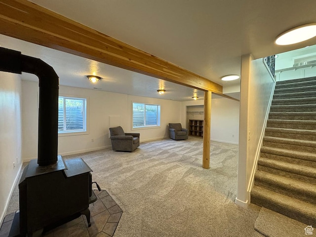 34840 N 10265 E, Fairview, UT 84629 - below grade area with carpet, stairs, and a wood stove