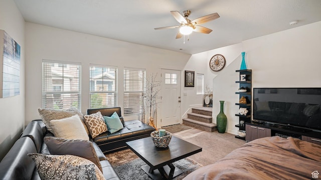 319 N 750 E, Vineyard, UT 84059 - living room featuring a ceiling fan, stairs, and light colored carpet