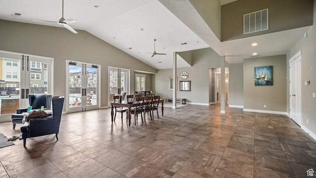319 N 750 E, Vineyard, UT 84059 - dining space with a ceiling fan, french doors, high vaulted ceiling, recessed lighting, and stone finish flooring