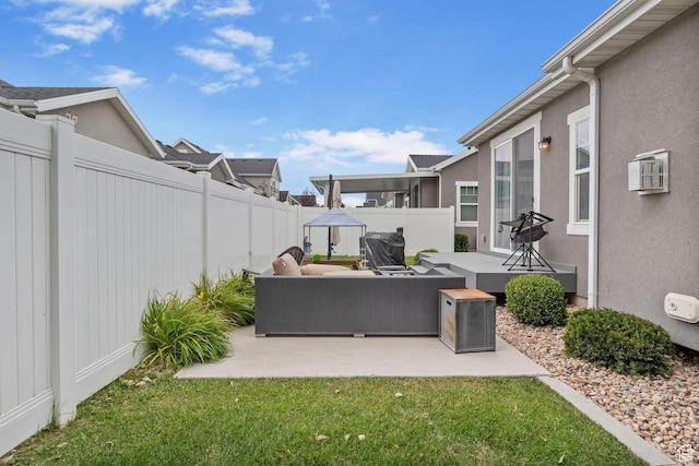 2319 N Penstemon Way, Lehi, UT 84043 - fenced backyard with outdoor lounge area, a patio area, a residential view, and a wall unit AC