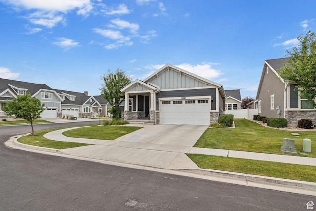 2319 N Penstemon Way, Lehi, UT 84043 - craftsman-style home with board and batten siding, stone siding, driveway, an attached garage, and a residential view