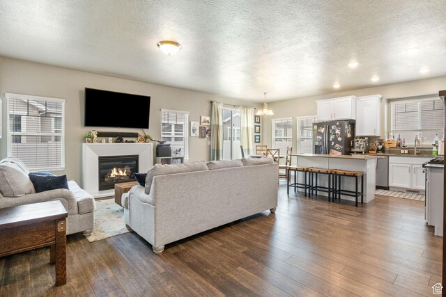 2319 N Penstemon Way, Lehi, UT 84043 - living room with a textured ceiling, a chandelier, dark wood-style flooring, and a glass covered fireplace