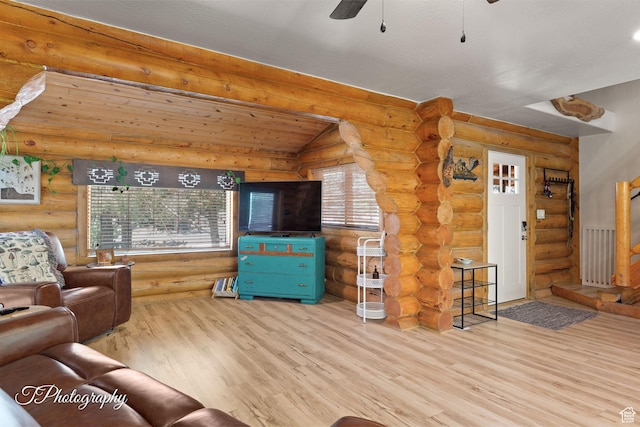 503 S Cottonwood Dr, Brookside, UT 84782 - living area with rustic walls, wood finished floors, ceiling fan, and stairs