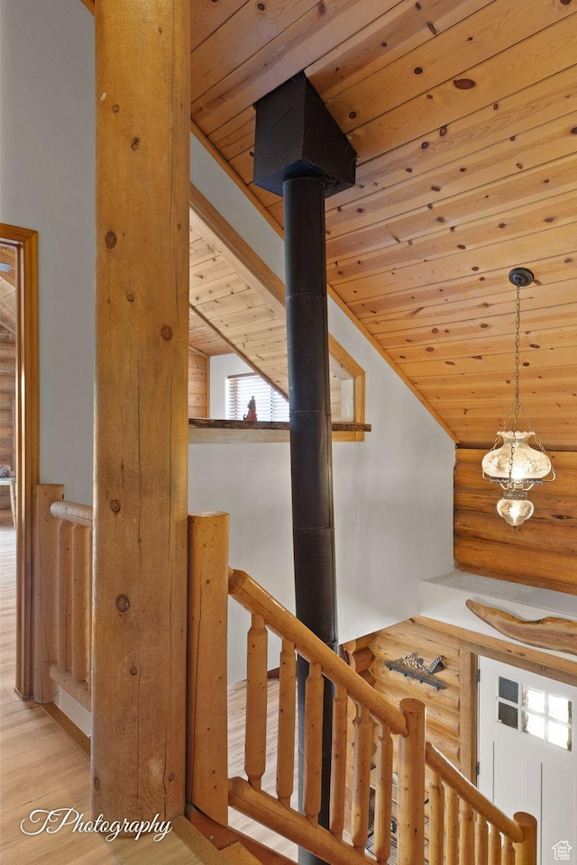 503 S Cottonwood Dr, Brookside, UT 84782 - stairs featuring wooden ceiling, wood finished floors, log walls, and lofted ceiling