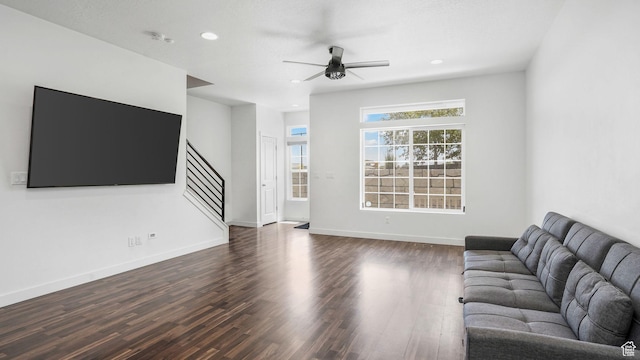 5681 W Pelican Ridge Ln, Salt Lake City, UT 84118 - living room featuring stairway, ceiling fan, dark wood finished floors, and recessed lighting