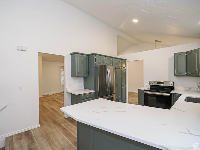 9971 S Borg Dr, Sandy, UT 84092 - kitchen featuring stainless steel appliances, a peninsula, light wood-style flooring, light stone countertops, and high vaulted ceiling