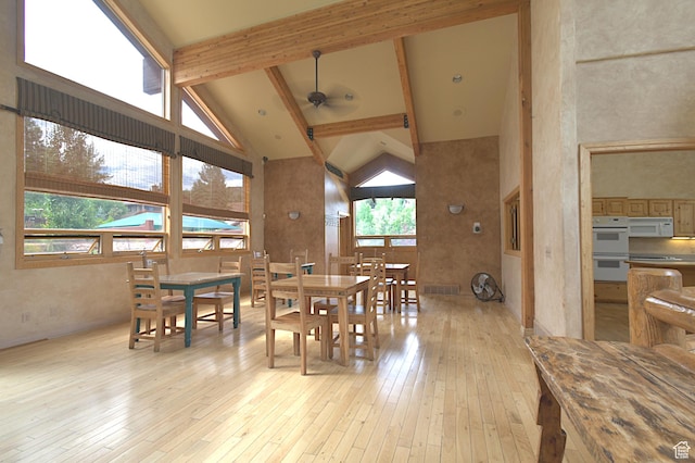 5133 N Cove Canyon Dr Unit 200, Park City, UT 84098 - dining space with high vaulted ceiling, ceiling fan, light wood-style floors, plenty of natural light, and beam ceiling
