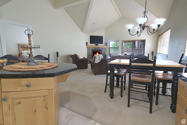 5133 N Cove Canyon Dr Unit 200, Park City, UT 84098 - dining room featuring light colored carpet, a tiled fireplace, high vaulted ceiling, a chandelier, and beam ceiling