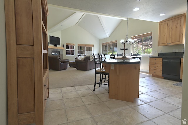 5133 N Cove Canyon Dr Unit 200, Park City, UT 84098 - kitchen with black dishwasher, dark countertops, a chandelier, a kitchen bar, and high vaulted ceiling