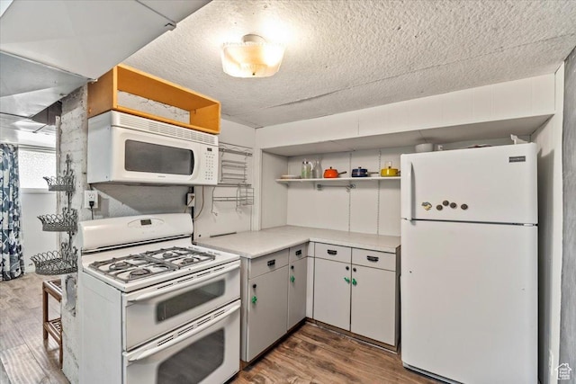 670 E 400 S, Payson, UT 84651 - kitchen featuring white appliances, open shelves, wood finished floors, light countertops, and a textured ceiling