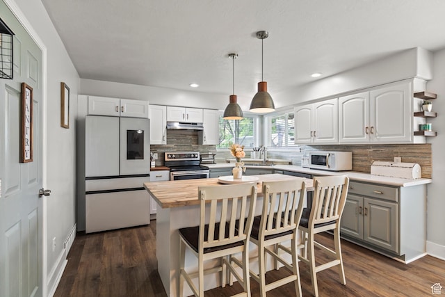528 W 650 S, Richfield, UT 84701 - kitchen featuring white appliances, butcher block counters, tasteful backsplash, under cabinet range hood, and recessed lighting