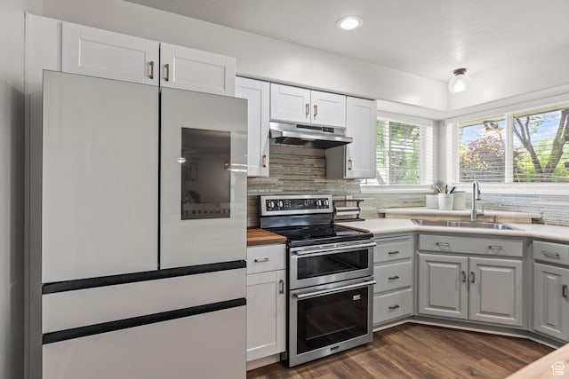 528 W 650 S, Richfield, UT 84701 - kitchen featuring white refrigerator, double oven range, under cabinet range hood, backsplash, and white cabinets