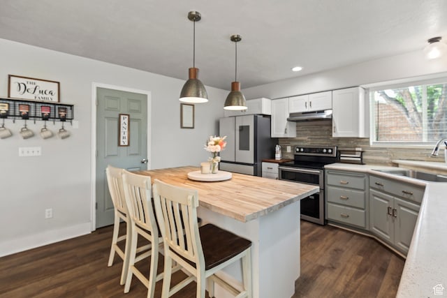 528 W 650 S, Richfield, UT 84701 - kitchen with freestanding refrigerator, stainless steel electric range oven, under cabinet range hood, wood counters, and dark wood-style floors