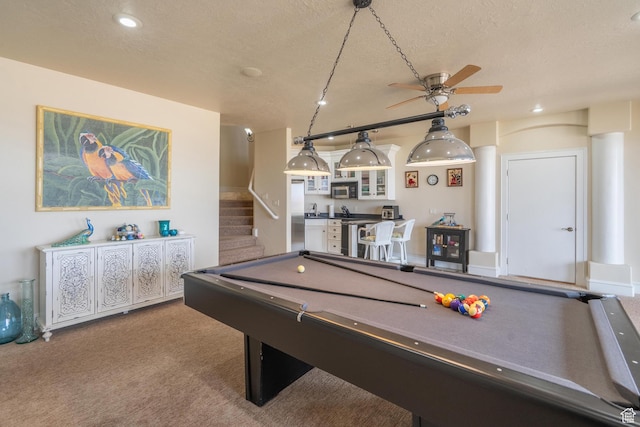 16 N Lions Head Cir, Washington, UT 84780 - rec room featuring a textured ceiling, billiards table, ceiling fan, carpet flooring, and recessed lighting