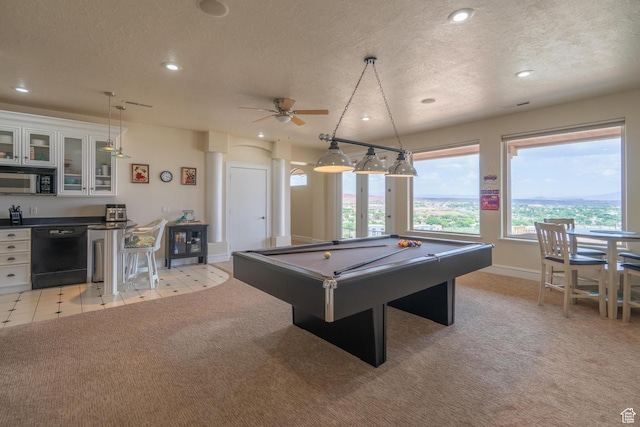 16 N Lions Head Cir, Washington, UT 84780 - game room with recessed lighting, a textured ceiling, billiards, light colored carpet, and a ceiling fan