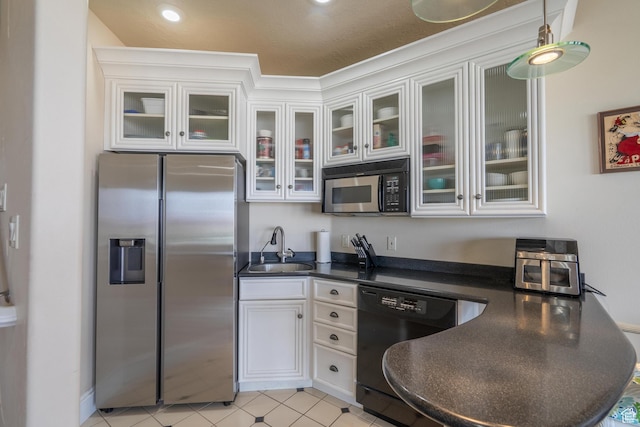 16 N Lions Head Cir, Washington, UT 84780 - kitchen featuring stainless steel fridge, dishwasher, dark countertops, white cabinetry, and glass insert cabinets