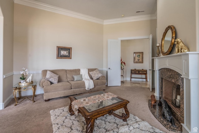 16 N Lions Head Cir, Washington, UT 84780 - carpeted living room with crown molding and a fireplace