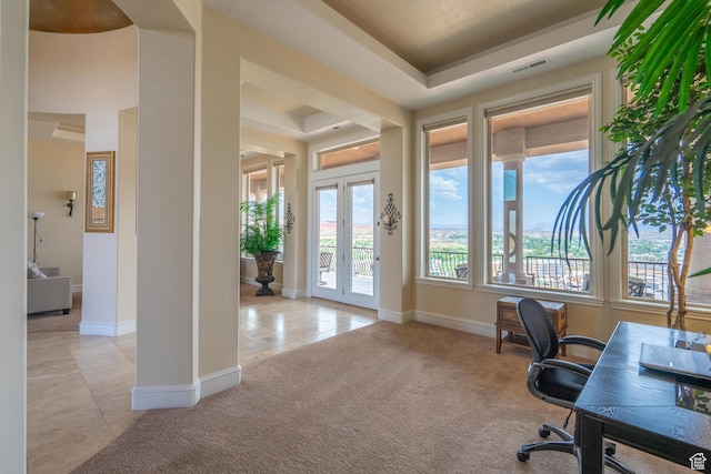 16 N Lions Head Cir, Washington, UT 84780 - office featuring light tile patterned flooring, light colored carpet, a raised ceiling, and french doors